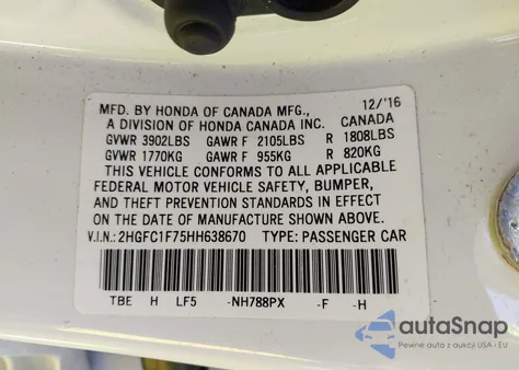 2017 Honda Civic Ex-L from USA, damaged, VIN 2HGFC1F75HH638670